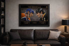Wayne Gretzky vs. Mario Lemieux framed hockey art displayed in a modern man cave, celebrating iconic sports rivalry.