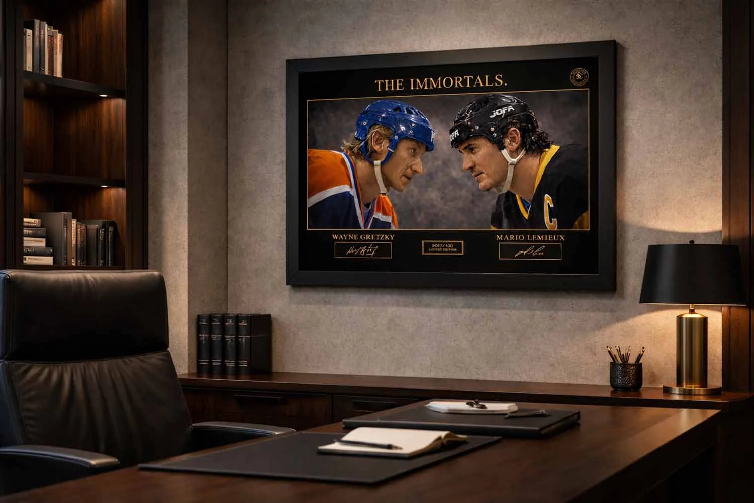 Premium sports collectibles with Wayne Gretzky and Mario Lemieux in black frame, enhancing an executive office space.