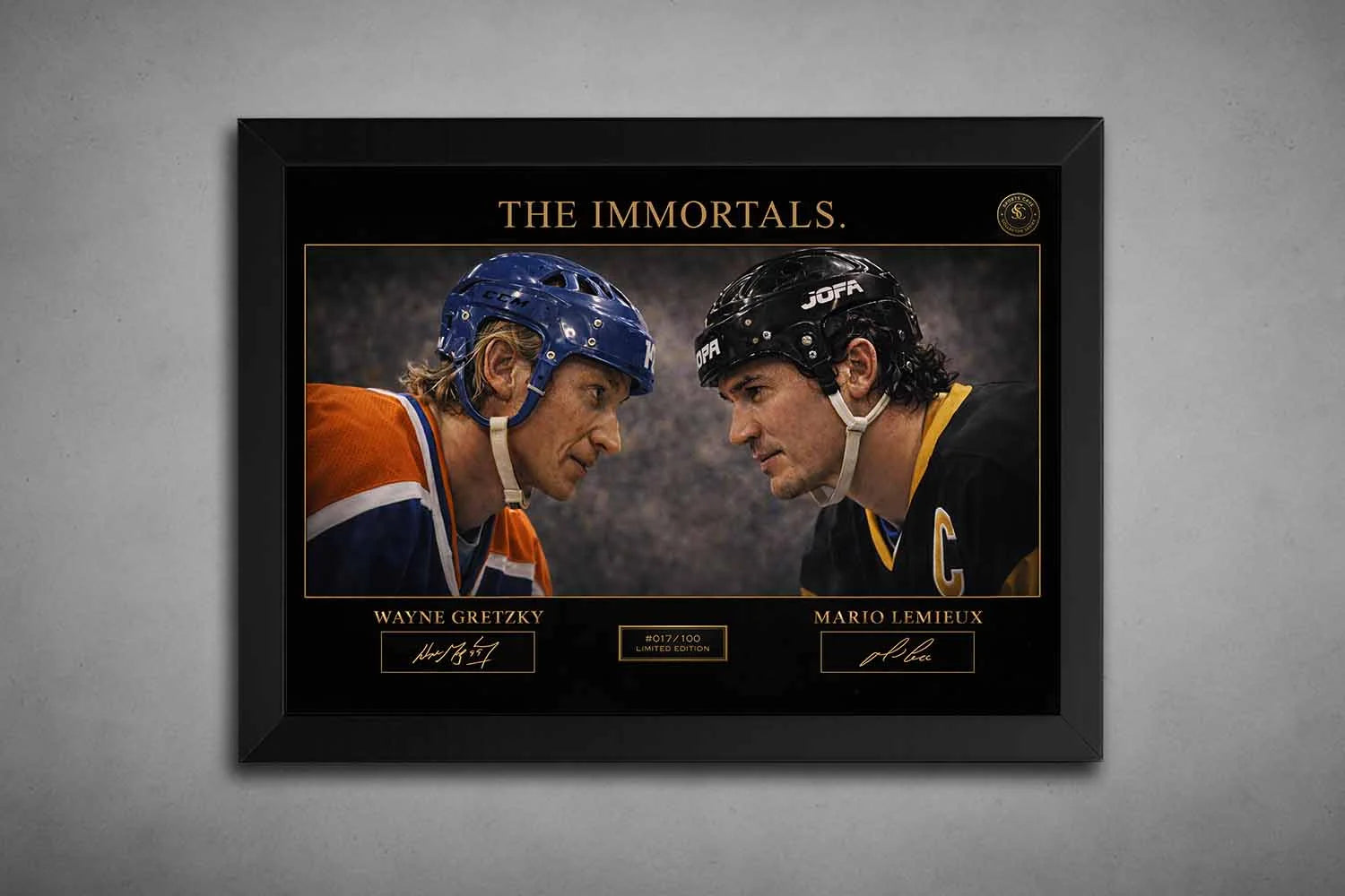 Wayne Gretzky vs. Mario Lemieux limited edition sports wall art in black frame, capturing two hockey legends in action.