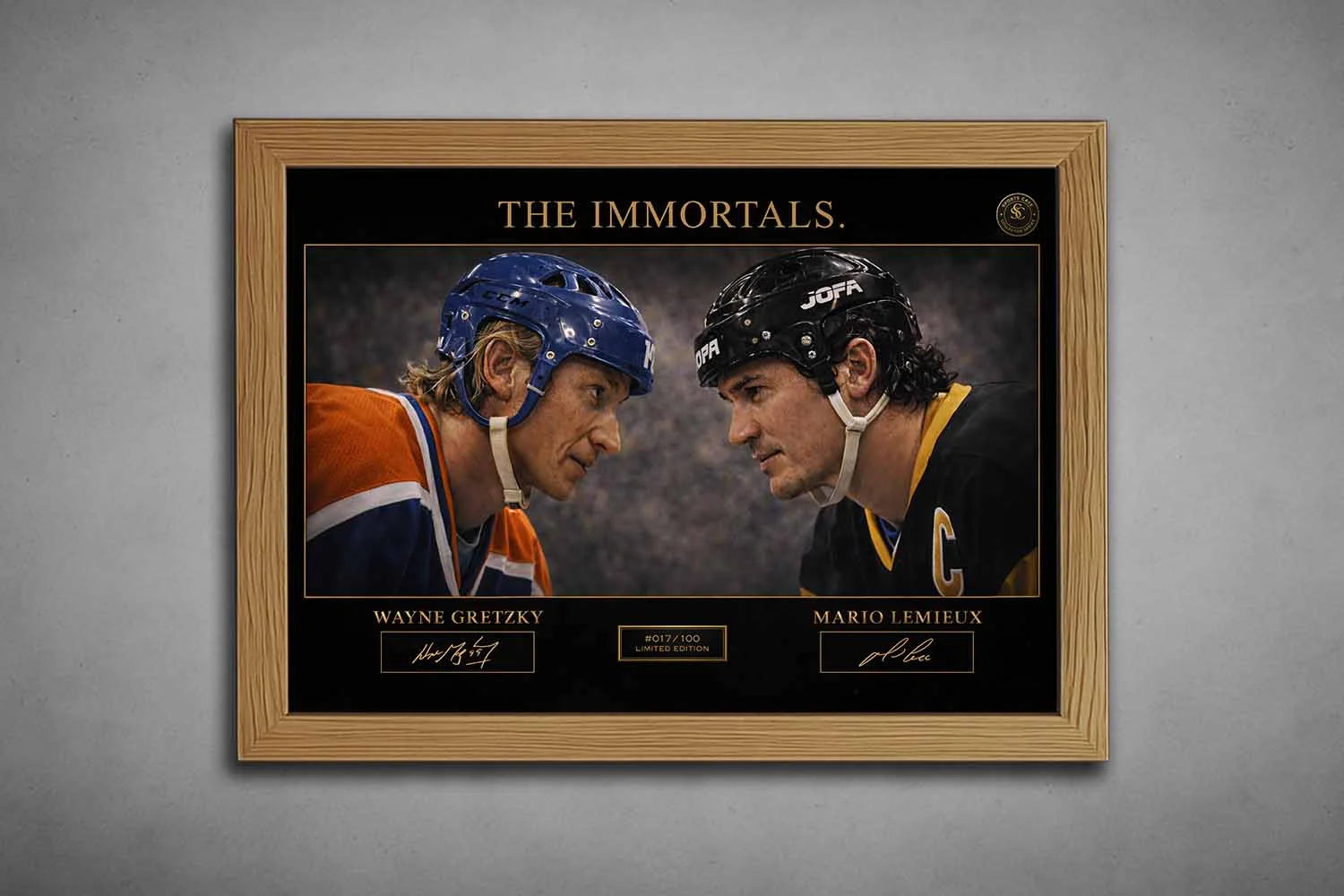 Limited edition Wayne Gretzky vs. Mario Lemieux framed sports art in oak, celebrating the iconic hockey rivalry.