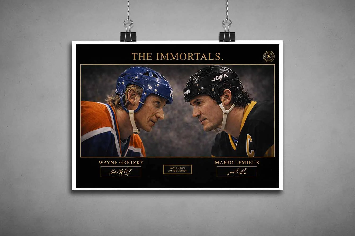 Unframed Wayne Gretzky vs. Mario Lemieux limited edition sports wall art, featuring two hockey immortals.