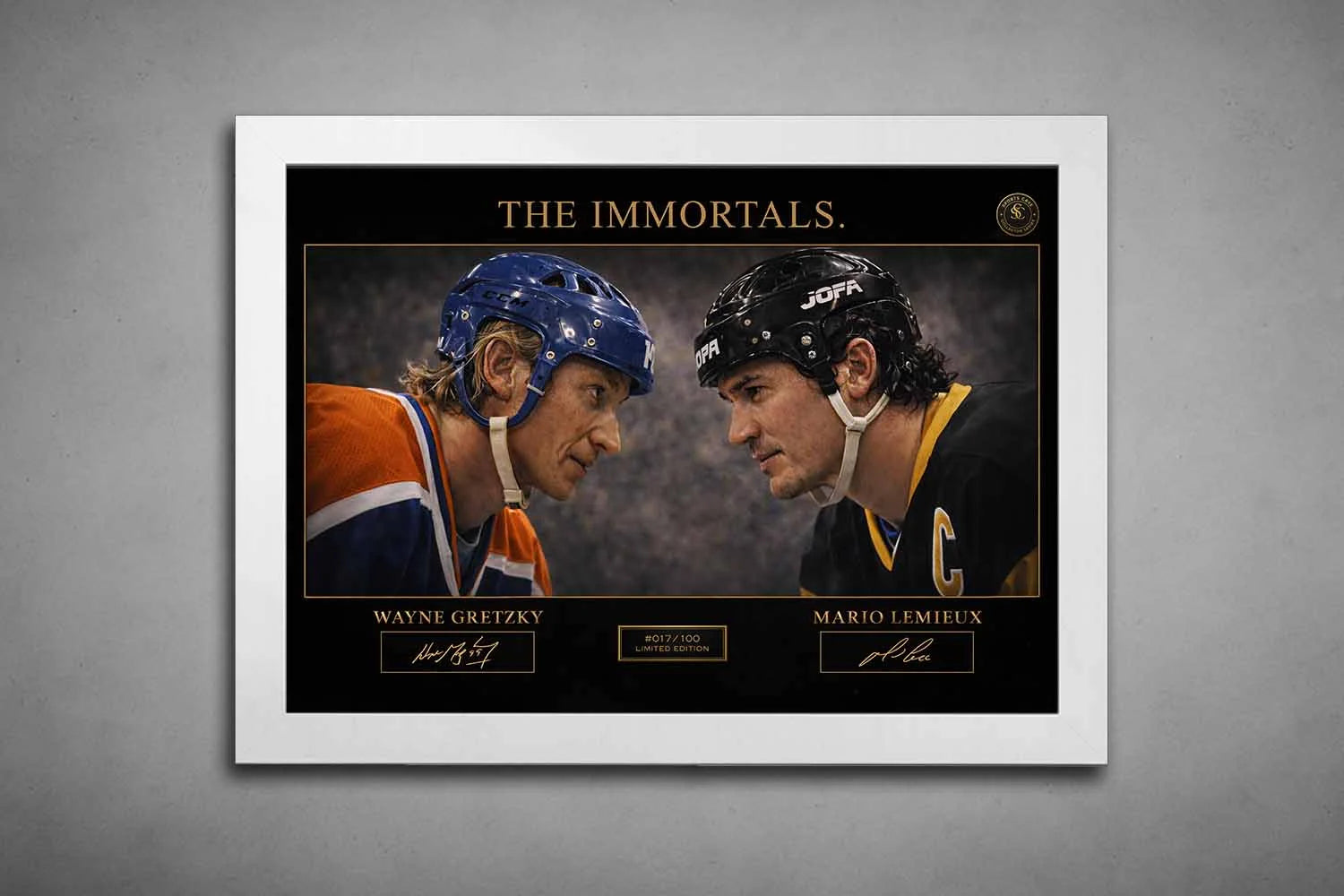 Wayne Gretzky vs. Mario Lemieux premium sports wall art in a white frame, showcasing the legendary hockey duel.