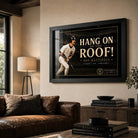 Don Mattingly wall art displayed in a warm living room, presented in a black frame above a leather sofa.