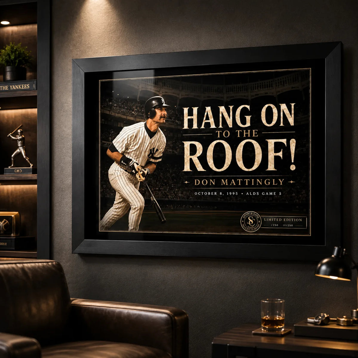 Don Mattingly wall art displayed in a dark man cave setting with the black frame and collector artwork clearly featured.