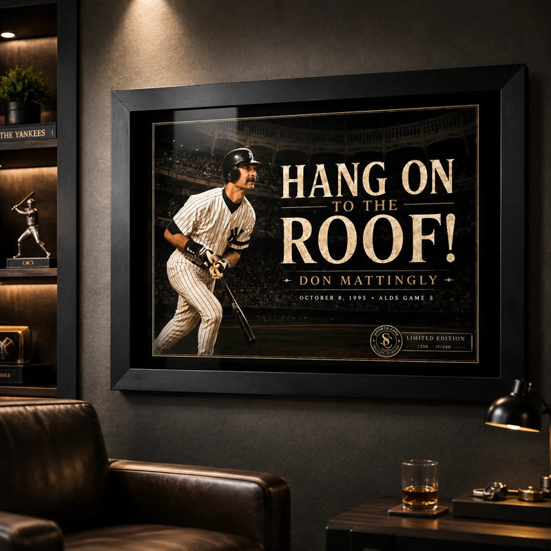 Don Mattingly wall art displayed in a dark man cave setting with the black frame and collector artwork clearly featured.