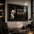 Don Mattingly wall art in a modern office setting, shown in a black frame above a desk with warm lighting.