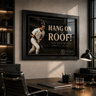 Don Mattingly wall art in a modern office setting, shown in a black frame above a desk with warm lighting.