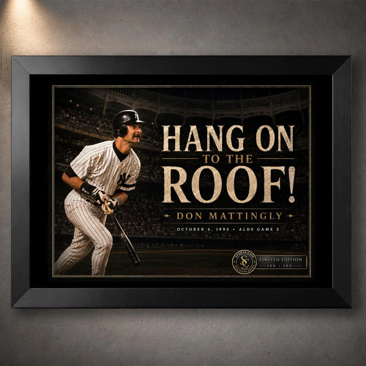 Black framed Don Mattingly wall art featuring the “Hang On To The Roof!” baseball collector design.