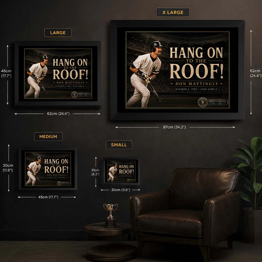 Don Mattingly wall art size guide showing the available framed dimensions from Small through X Large.