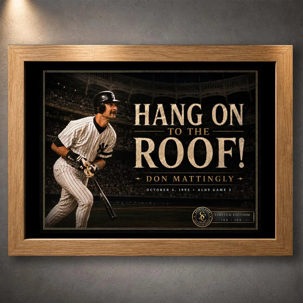 Oak framed Don Mattingly wall art featuring the “Hang On To The Roof!” baseball collector design.