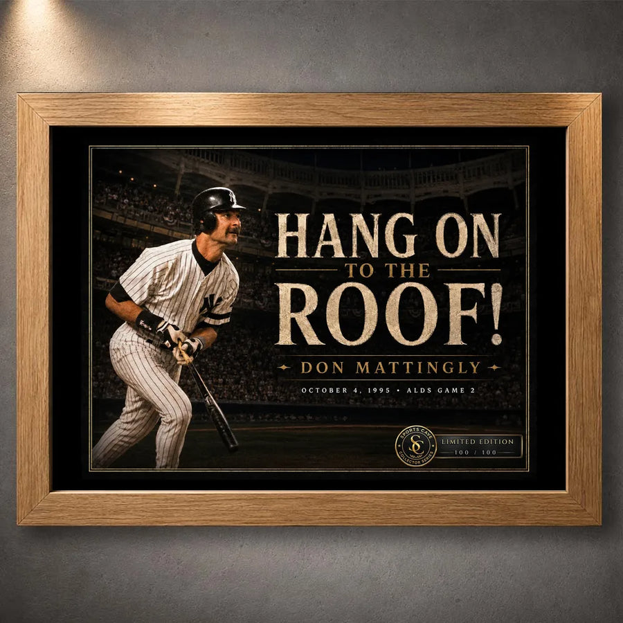 Oak framed Don Mattingly wall art featuring the “Hang On To The Roof!” baseball collector design.