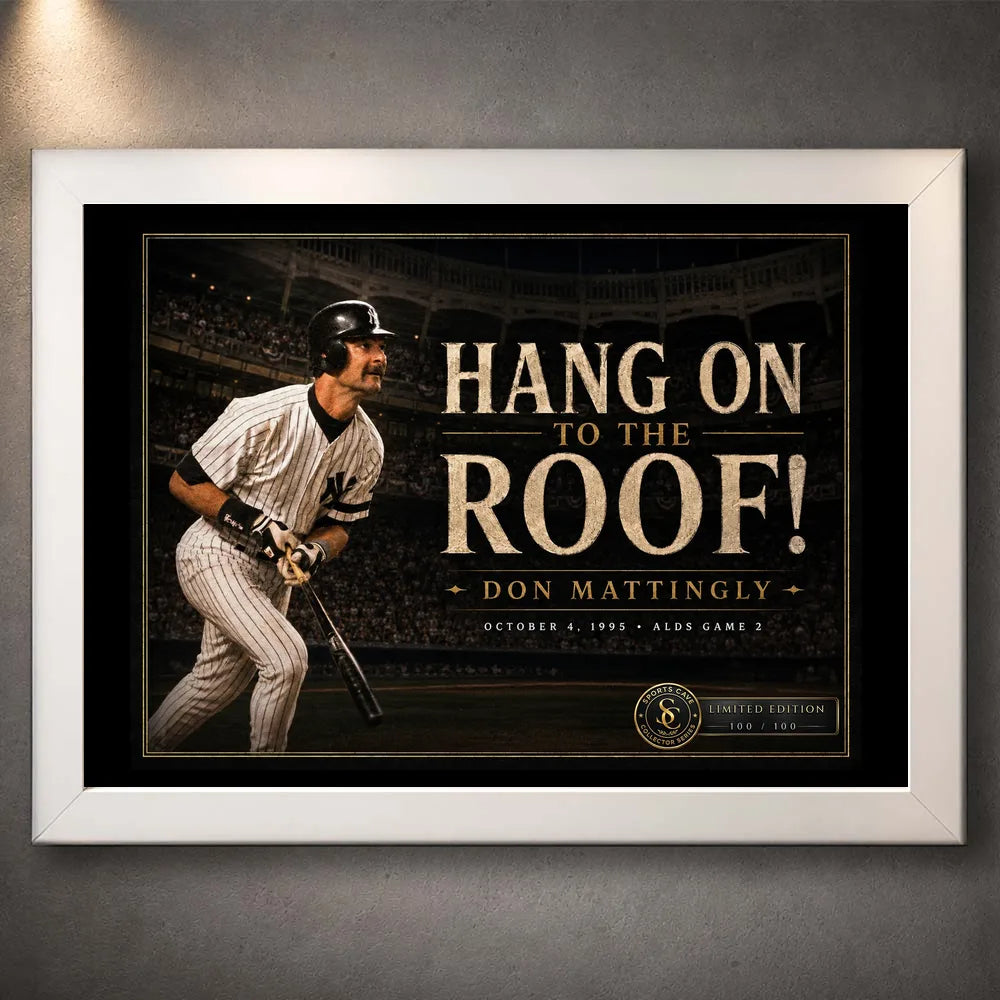 White framed Don Mattingly wall art featuring the “Hang On To The Roof!” baseball collector design.