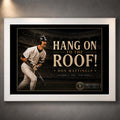 White framed Don Mattingly wall art featuring the “Hang On To The Roof!” baseball collector design.