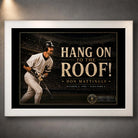White framed Don Mattingly wall art featuring the “Hang On To The Roof!” baseball collector design.