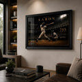 Hank Aaron 715th home run framed baseball wall art displayed in a premium living room with warm timber shelving.
