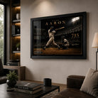 Hank Aaron 715th home run framed baseball wall art displayed in a premium living room with warm timber shelving.