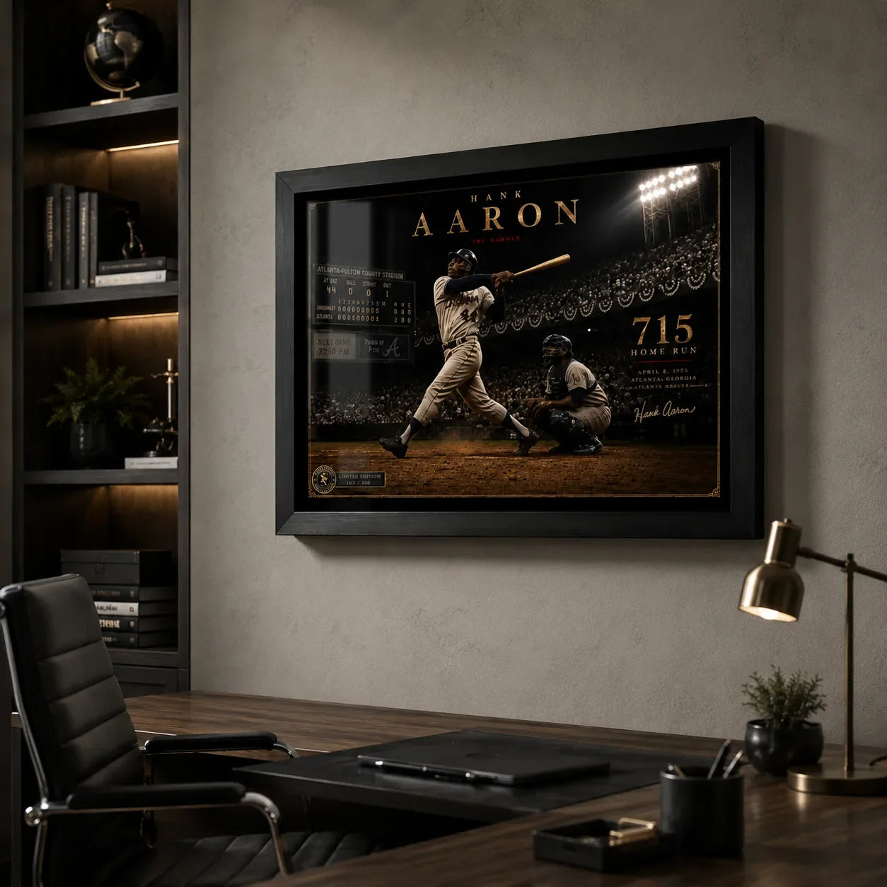 Hank Aaron 715th home run framed baseball wall art displayed in a modern executive office with dark timber shelving.