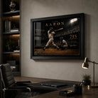 Hank Aaron 715th home run framed baseball wall art displayed in a modern executive office with dark timber shelving.