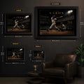 Hank Aaron 715th home run baseball wall art size guide comparing Small Medium Large and XL framed dimensions.