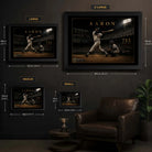 Hank Aaron 715th home run baseball wall art size guide comparing Small Medium Large and XL framed dimensions.