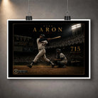 Hank Aaron 715th home run unframed baseball wall art print displayed with a clean white border and hanging clips.