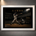Hank Aaron 715th home run baseball wall art shown in a clean white frame against a softly lit textured wall.