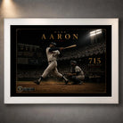 Hank Aaron 715th home run baseball wall art shown in a clean white frame against a softly lit textured wall.