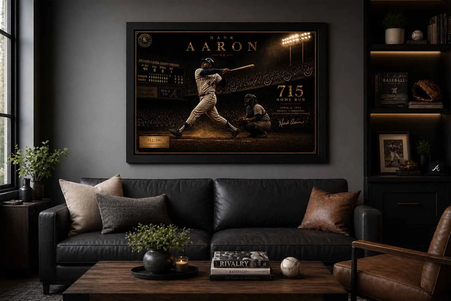Hank Aaron 715 home run artwork displayed in modern man cave wall décor with black frame and warm baseball-themed interior