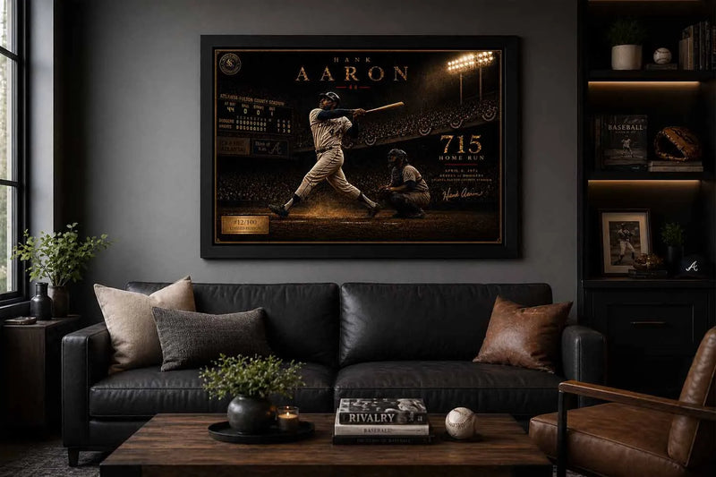 Hank Aaron 715 home run artwork displayed in modern man cave wall décor with black frame and warm baseball-themed interior