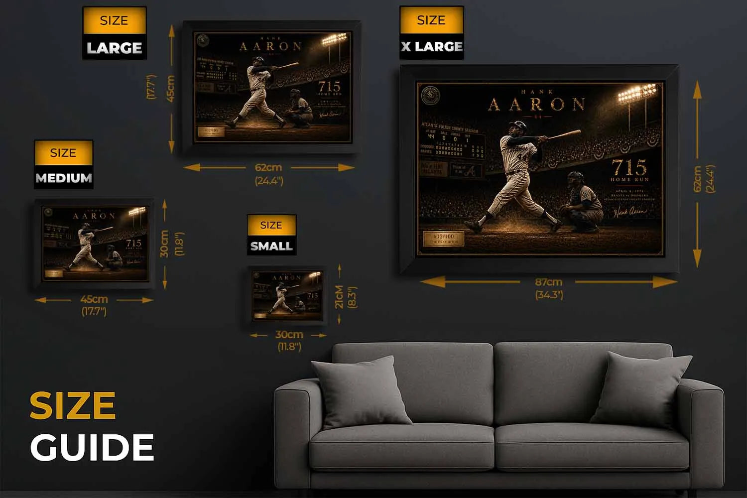 Size guide showing Hank Aaron sports wall art dimensions across multiple frame sizes for home or man cave display