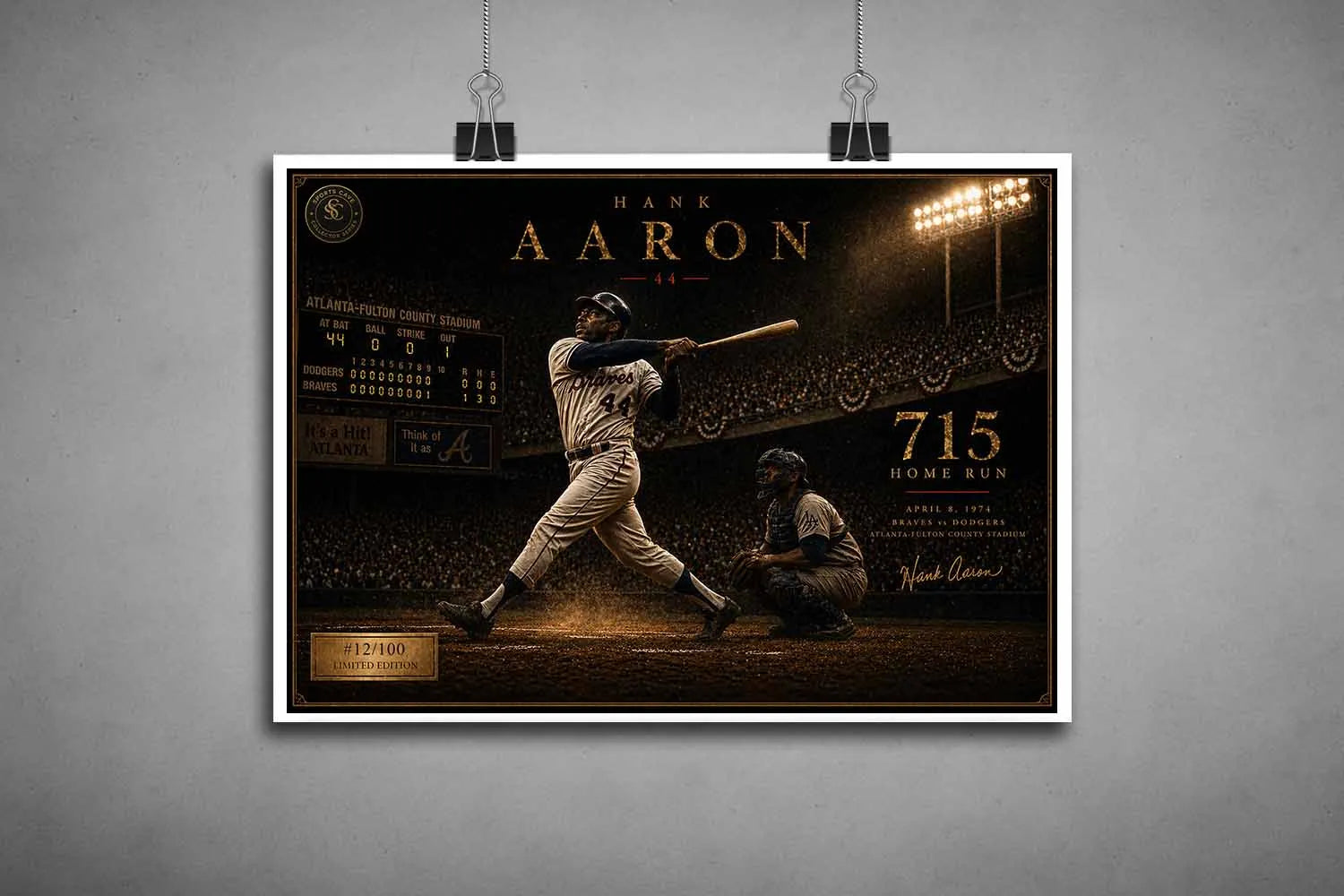 Hank Aaron 715 home run unframed sports art print highlighting iconic Braves swing and historic MLB record moment