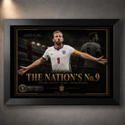 Harry Kane wall art in a black frame, showing The Nation’s No. 9 England football artwork on a dark stadium backdrop.