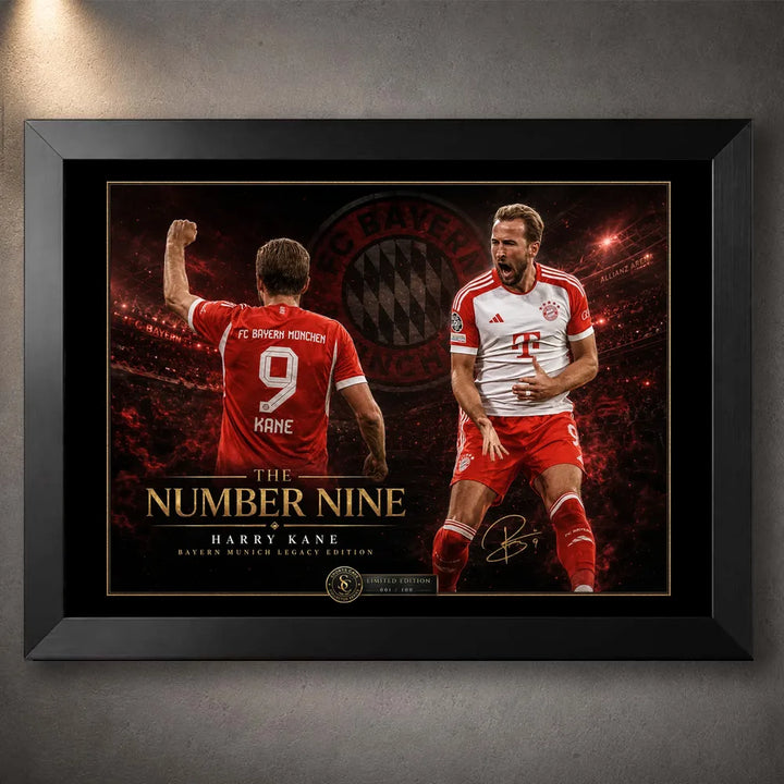Harry Kane Bayern Munich wall art in a black frame, showing Number Nine football artwork with red stadium backdrop.