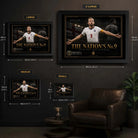 Harry Kane framed wall art size guide showing S, M, L and XL dimensions in centimetres and inches.