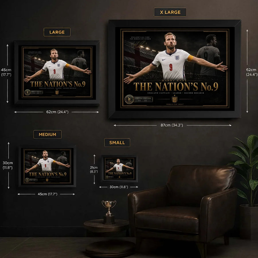 Harry Kane framed wall art size guide showing S, M, L and XL dimensions in centimetres and inches.