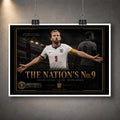 Harry Kane football wall art shown as an unframed print with dark collector artwork and gold title detail.
