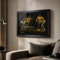 Harry Kewell soccer wall art displayed in a warm modern living room with a black frame above neutral seating.
