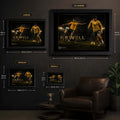 Harry Kewell wall art size guide showing Small, Medium, Large and XL framed dimensions in centimetres and inches.
