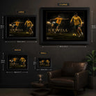 Harry Kewell wall art size guide showing Small, Medium, Large and XL framed dimensions in centimetres and inches.
