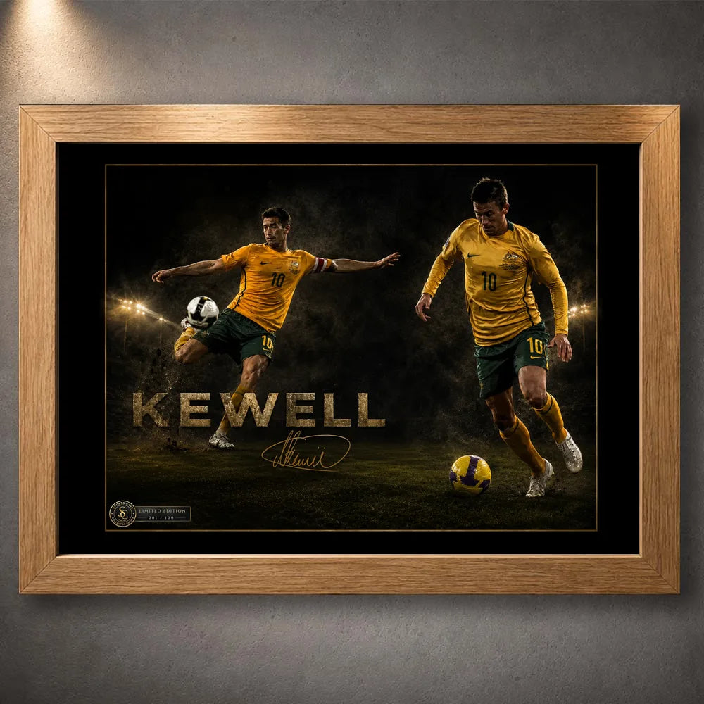 Oak framed Harry Kewell soccer wall art featuring two action poses in Australia colours on a dark stadium scene.