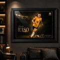 Hayley Raso Matildas framed soccer wall art mounted in a dark man cave with leather seating and warm ambient lighting.