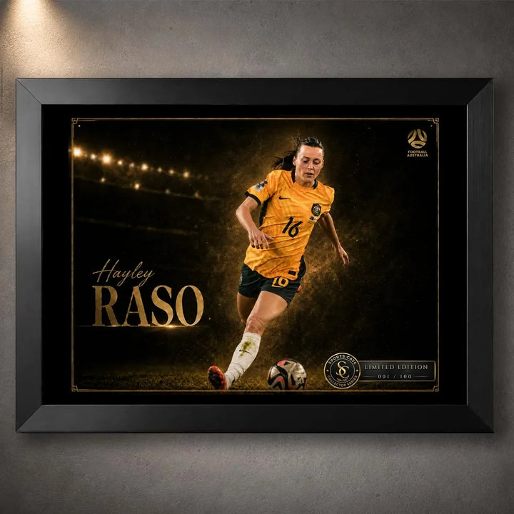 Hayley Raso Matildas soccer wall art in a black frame, featuring the Australian footballer in green-and-gold action.