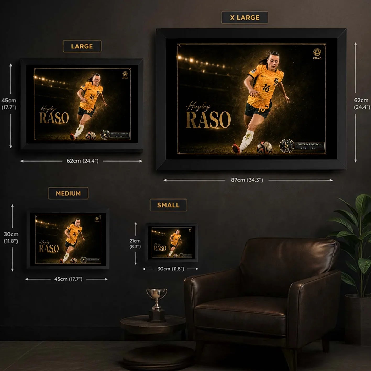 Hayley Raso Matildas framed soccer wall art size guide showing Small, Medium, Large and XL dimensions in centimetres and inches.