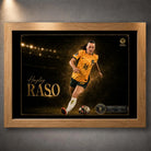 Hayley Raso Matildas soccer wall art shown in an oak frame, featuring the Australian footballer in green-and-gold action.