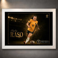 Hayley Raso Matildas soccer wall art shown in a white frame, featuring the Australian footballer in green-and-gold action.