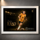 Hayley Raso Matildas soccer wall art shown in a white frame, featuring the Australian footballer in green-and-gold action.