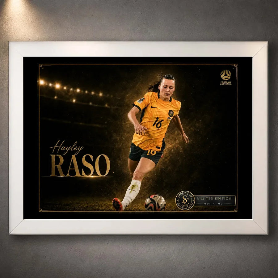Hayley Raso Matildas soccer wall art shown in a white frame, featuring the Australian footballer in green-and-gold action.