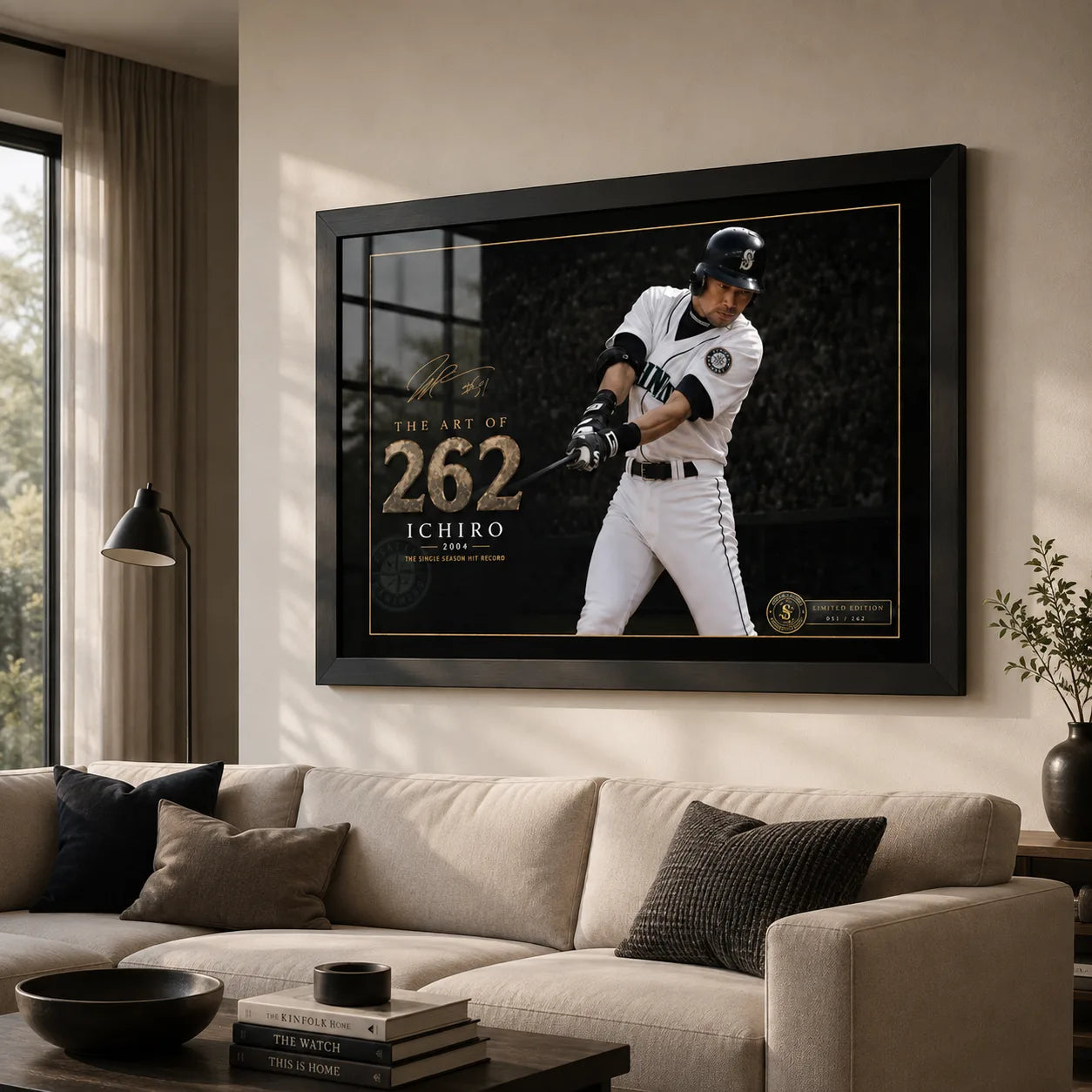 Ichiro Suzuki 262 wall art displayed above a neutral sofa in a bright contemporary living room.