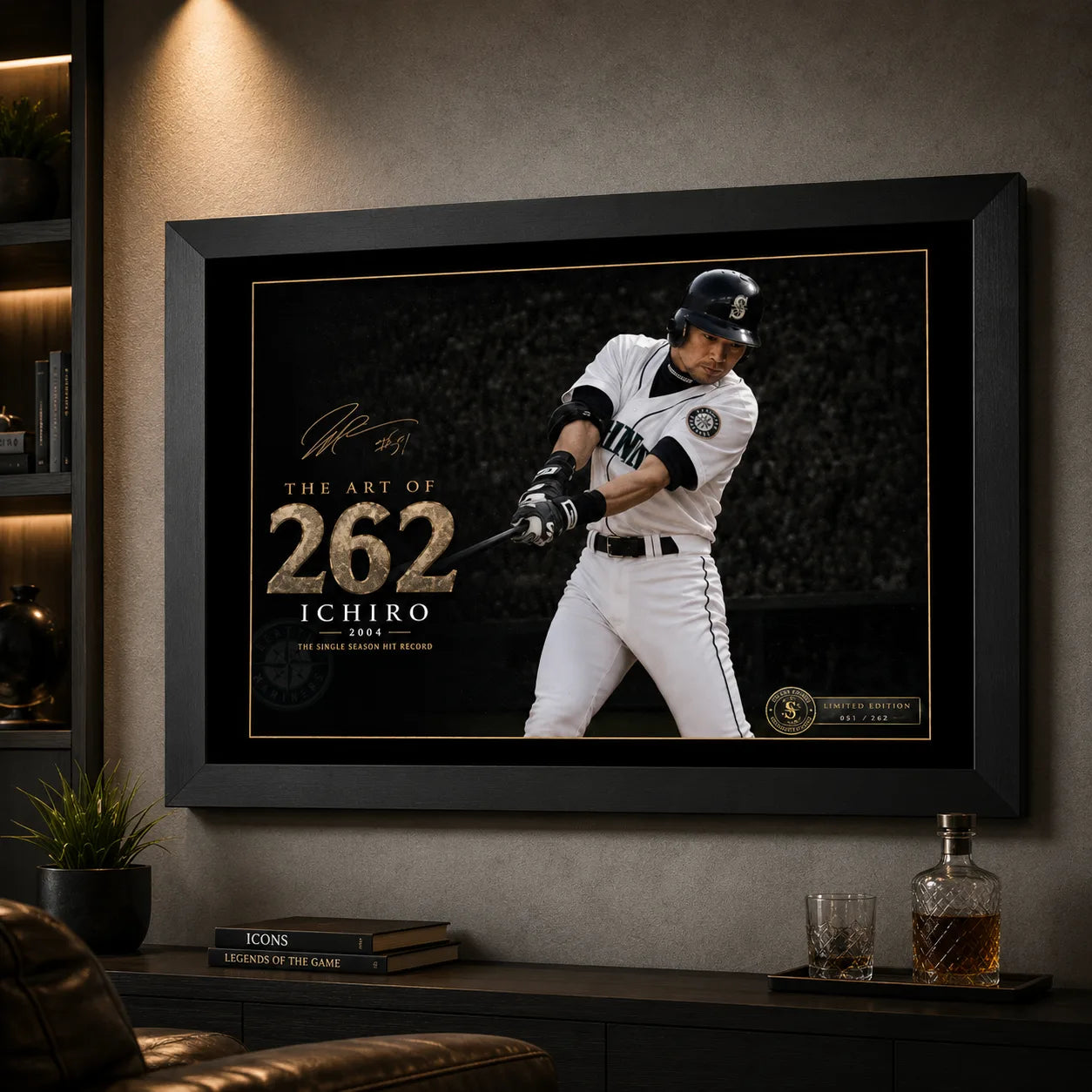 Ichiro Suzuki 262 baseball wall art in a dark man cave with warm lighting and collector styling.