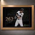 Oak framed Ichiro Suzuki 262 baseball wall art with black and gold collector artwork.